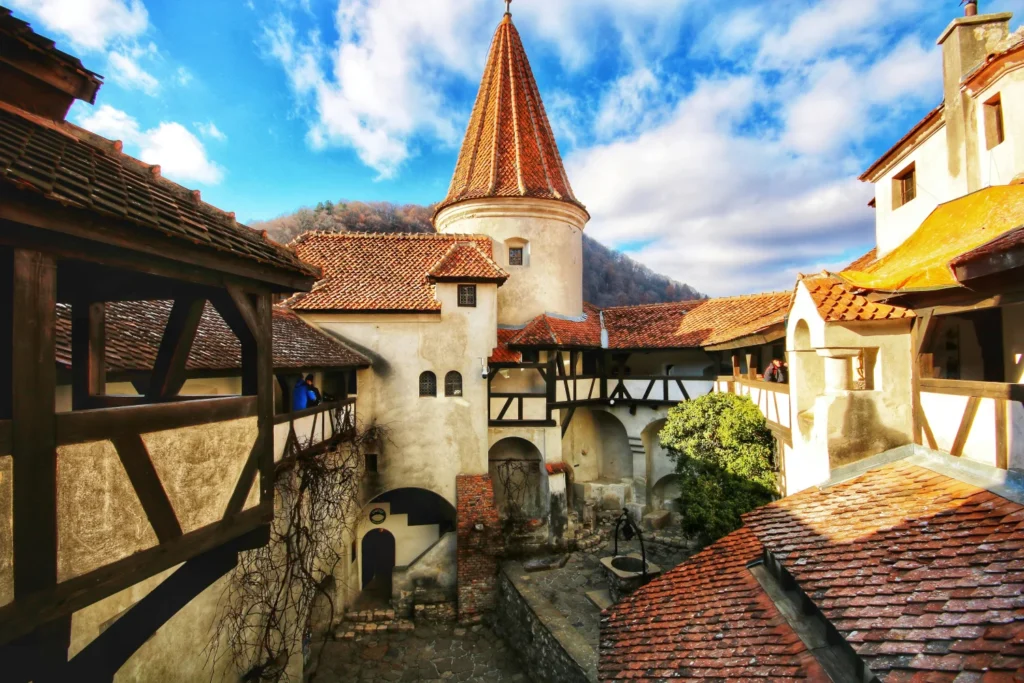 Colorful medieval courtyard of Bran Castle, Romania.